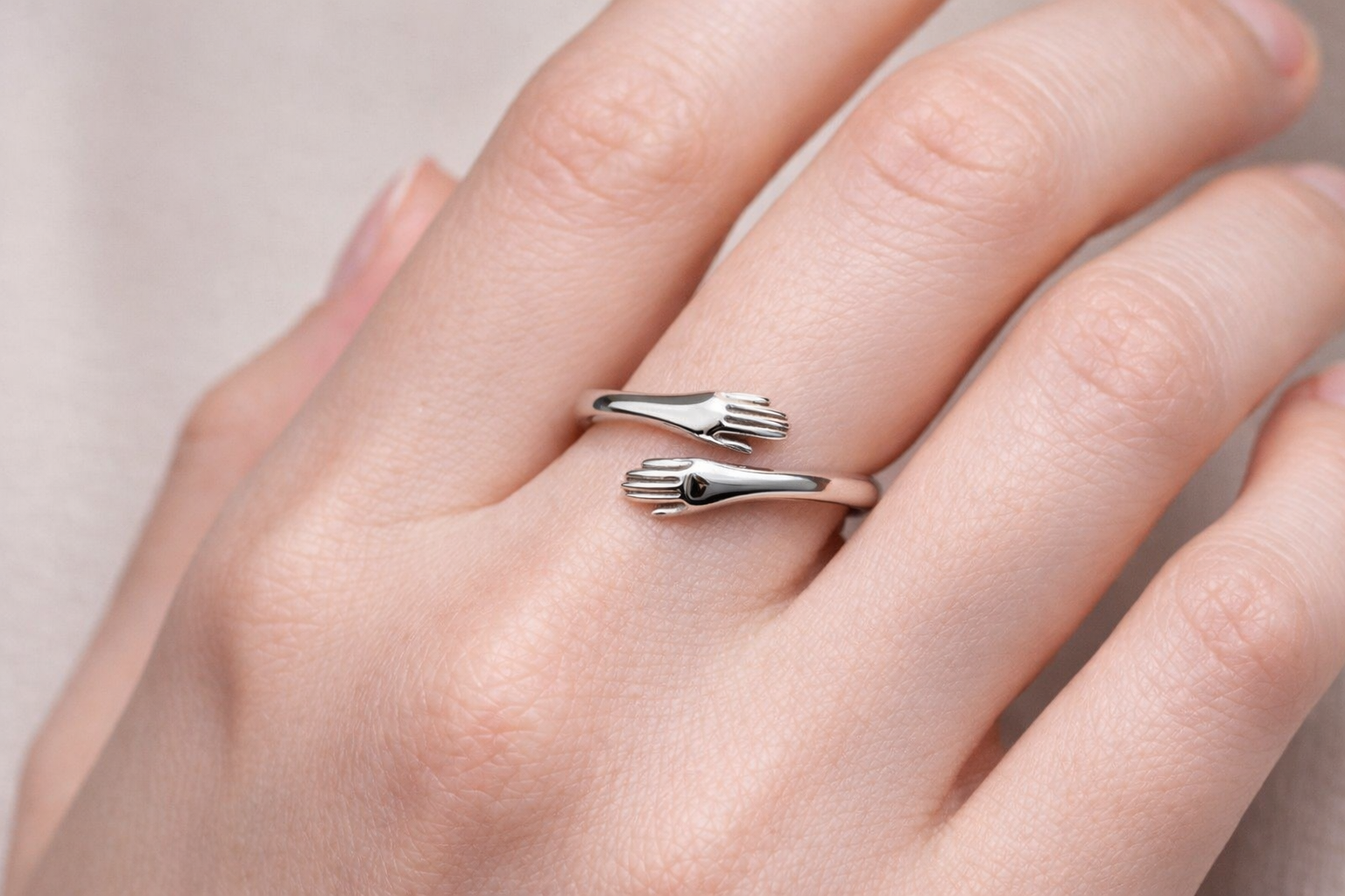 925 Sterling Silver Hug Hands Adjustable Ring