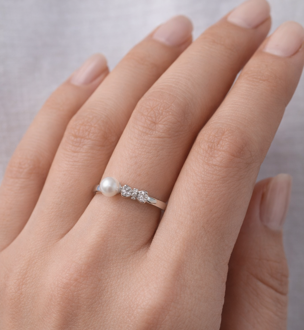 Elegant Pearl & Triple Stone 925 Sterling Silver Ring