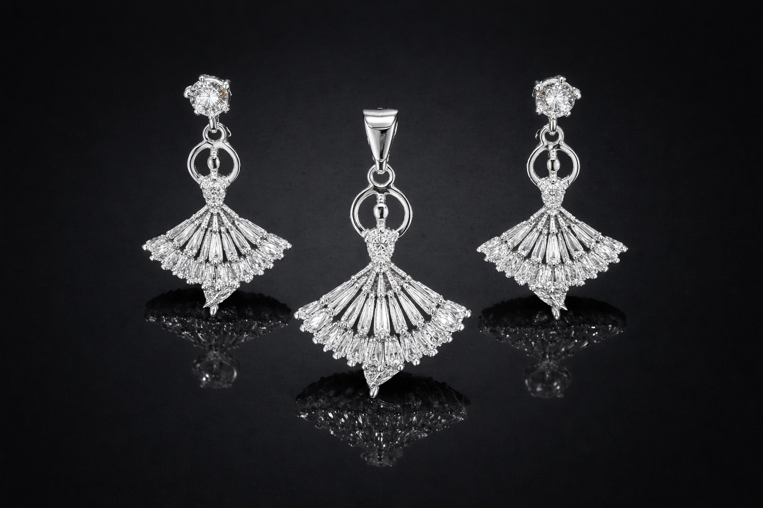 925 Sterling Silver Ballet Dancer Pendant & Drop Earrings Set