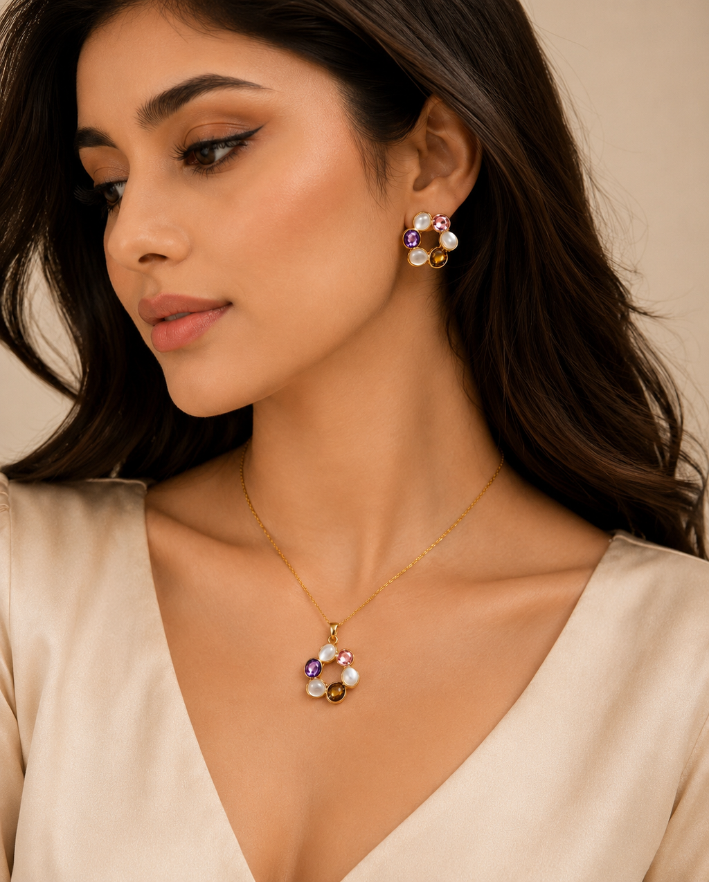 Pastel Aura Anti-Tarnish Pendant Set with Earrings