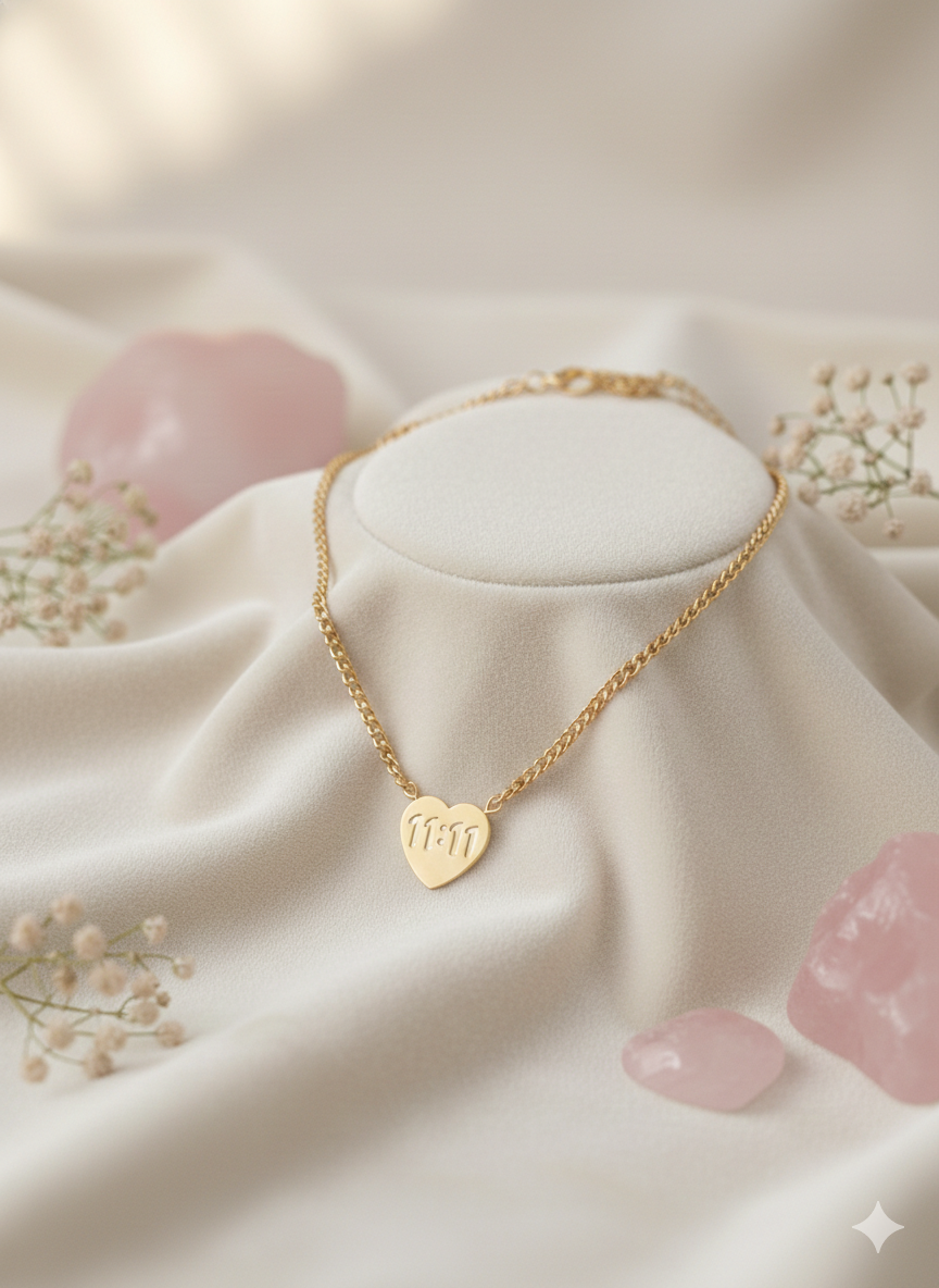 11:11 Engraved Heart Pendant Necklace – Gold Finish