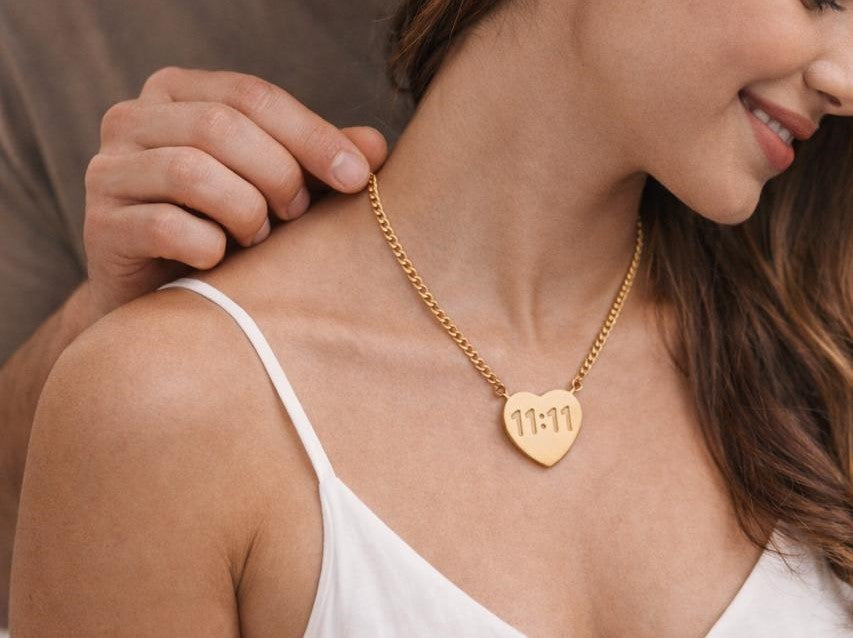 11:11 Engraved Heart Pendant Necklace – Gold Finish